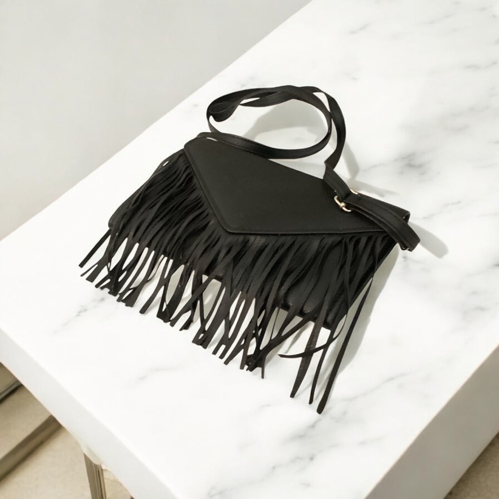 Black Faux Leather Crossbody Bag with Fringe Detail, Adjustable Shoulder Strap